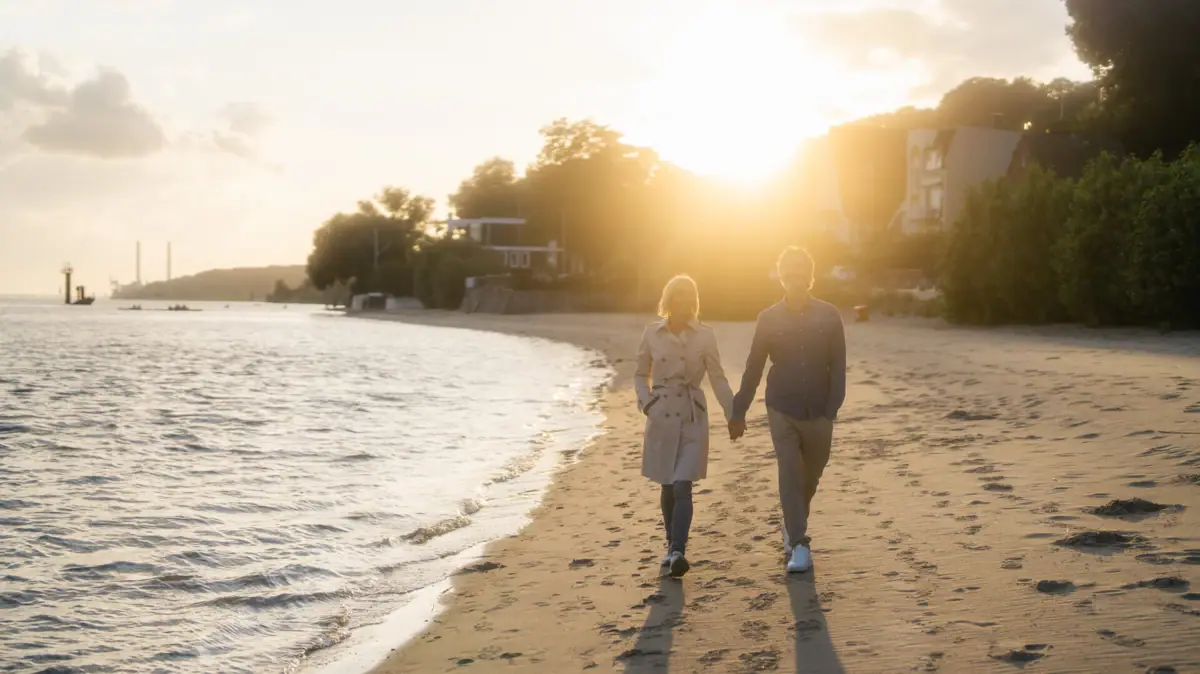 Ein Mann und eine Frau halten sich an den Händen am Strand.