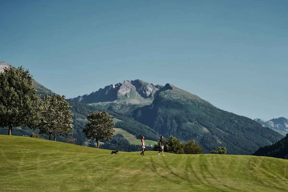 Menschen wandern auf einem grasbewachsenen Hügel mit Bäumen und einem Berg im Hintergrund.